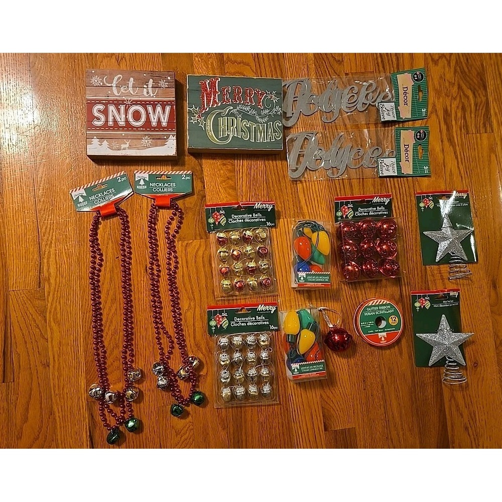 Large lot of Christmas Decor Jingle Bells Lightup LED Necklace  Peace Joy Topper